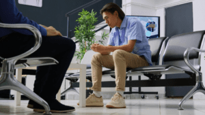 A gay man having a conversation with a therapist while on detox, highlighting the importance of awareness on co-occuring disorders prevalent among LGBTQ individauls who are both experiencing discrimination and substance use disorders.