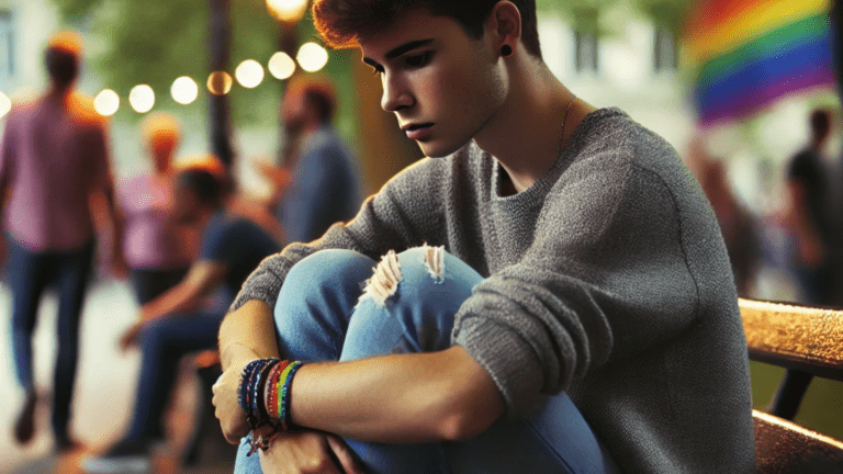 An image portraying a young man experiencing self-isolation, representing the concept of gay social anxiety and its impact to one's emotional distress.