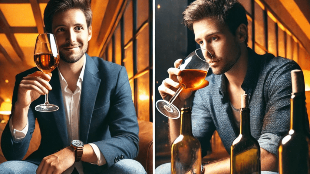 A comparison between a social drinker vs. addicted drinker through an image of two gay men, one is enjoying a single glass of wine while the other is drinking a glass of alcohol surrounded by empty bottles.