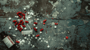 An image of scattered drugs, representing the dangers brought by speedballing to one's overall health.