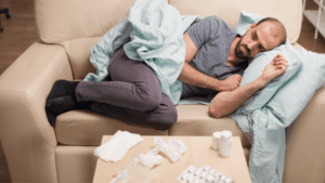 Portraying the harmful side effects of ambien is a seemingly weak gay man lying on a couch.