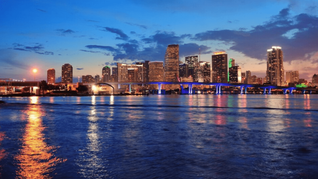 A night view of downtown Miami where Q Space Detox, a drug rehab center, is near.