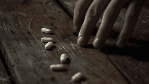 A photo of scattered white capsules representing Methadone drugs and a hand on a table.