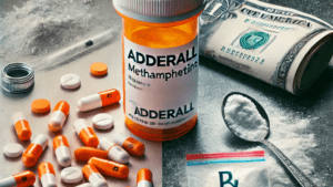 A visual comparison highlighting Adderall use versus the dangers of illicit methamphetamine, including drug paraphernalia.