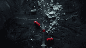 An image of the drug Heroin and a syringe, highlighting the dangers of heroin in the body.