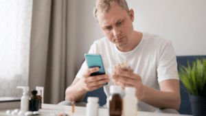 A gay man self-medicating examines a pack of pills while using his phone, surrounded by medication bottles.