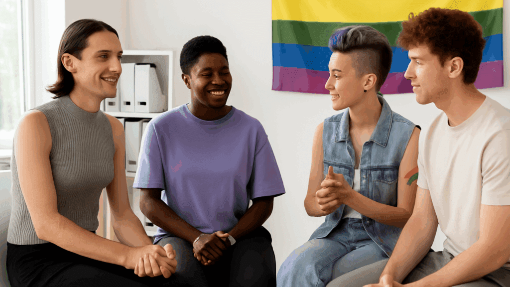 LGBTQ individuals sitting in a circle during a group therapy session, engaging in supportive conversation in a safe and welcoming environment.