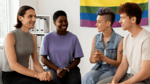 LGBTQ individuals sitting in a circle during a group therapy session, engaging in supportive conversation in a safe and welcoming environment.