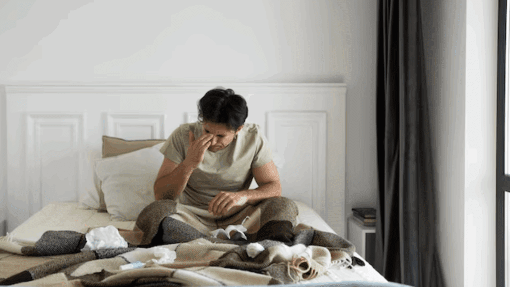 A gay person struggling to get up from bed.