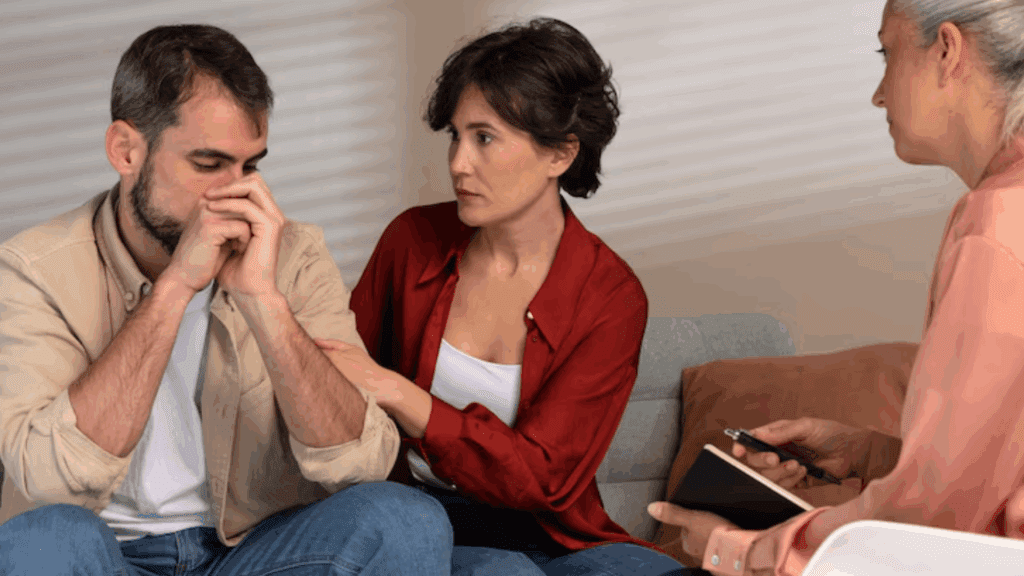 An image showing two ladies and a gay person sitting in a living room.