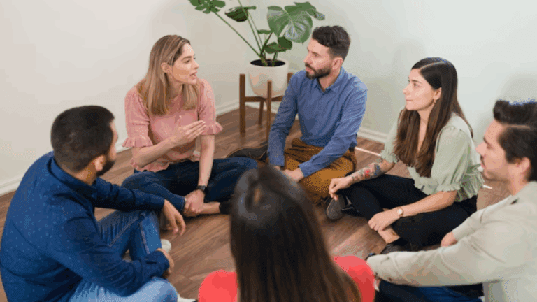 A group of LGBTQ folks during a group therapy in an LGBTQ Drug Treatment rehab.