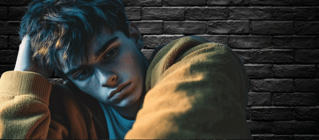 Young gay man leaning against a brick wall, appearing deep in thought—symbolizing the personal struggle of deciding to seek help for drug use.