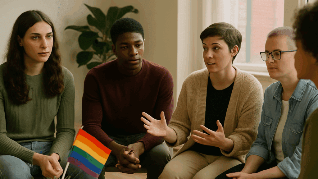 LGBTQ individuals in a group therapy session.