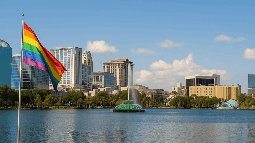 Rainbow pride flag near Lake Eola with the Orlando skyline in the background, representing LGBTQ detox services near Orlando Florida.