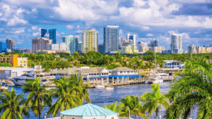A view of buildings and port in south florida where Q Space Detox is located.