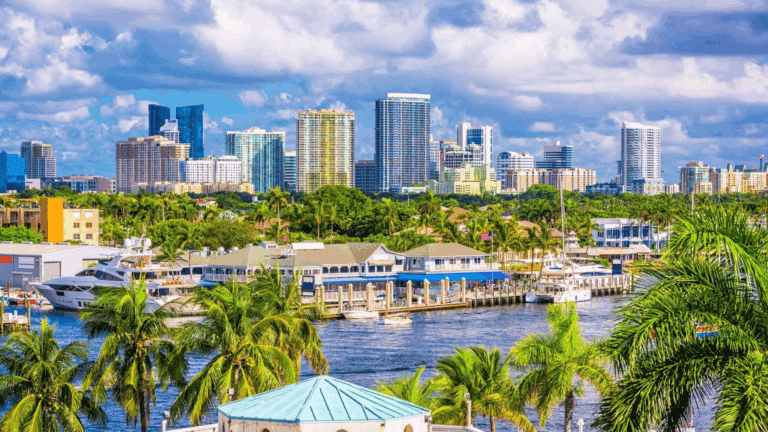 A view of buildings and port in south florida where Q Space Detox is located.