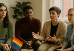 LGBTQ individuals in a group therapy session.