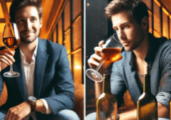 A comparison between a social drinker vs. addicted drinker through an image of two gay men, one is enjoying a single glass of wine while the other is drinking a glass of alcohol surrounded by empty bottles.